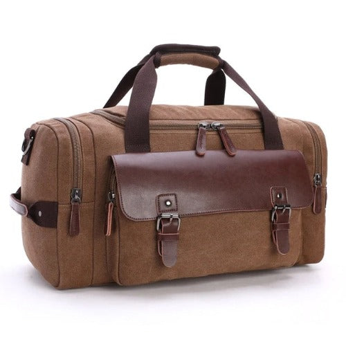 Large Capacity Expandable Canvas Genuine Leather Duffle Bag Weekender Carry on Bag